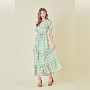 Fore Cottagecore Prairie Open Back Plaid Maxi Dress, Size S